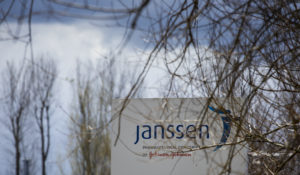The company logo is seen outside the COVID-19 vaccine producing Janssen Pharmaceuticals company which is owned by Johnson & Johnson, in Leiden, Netherlands, Wednesday, April 14, 2021. (AP Photo/Peter Dejong)