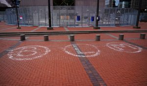 The Black Lives Matter initials on the plaza outside Hennepin County Government Center, where the trial for former Minneapolis police officer Derek Chauvin is taking place. (AP Photo/Jim Mone)
