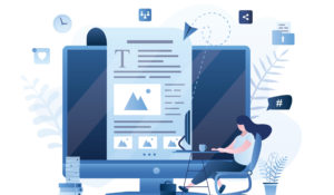 Blogger at workplace. Female journalist create various media content. Blogging, copywriting or storytelling concept. Modern display with social network page or blog. Trendy flat vector illustration