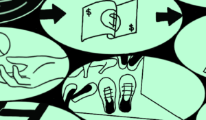 An illustration that shows a microphone being passed to a hand, a ladder, money being exchanged, feet in a door, a person waving on a laptop screen and steps