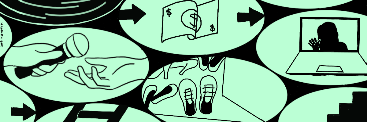 An illustration that shows a microphone being passed to a hand, a ladder, money being exchanged, feet in a door, a person waving on a laptop screen and steps