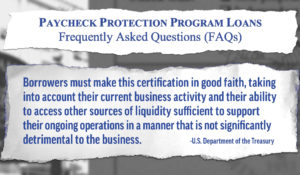 A graphic shows excerpt from a U.S. Department of the Treasury Paycheck Protection Program FAQ document. (AP Illustration/Peter Hamlin)