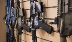 In this photo taken March 15, 2017, AR-15 style rifles made by Battle Rifle Co., a gunmaker in Webster, Texas, are on display in its retail shop. (AP Photo/Lisa Marie Pane)