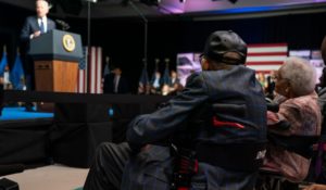 The oldest living survivor of the Tulsa race massacre, Viola Fletcher, listens as President Joe Biden speaks to commemorate the 100th anniversary of the Tulsa race massacre in Tulsa on Tuesday. (AP Photo/Evan Vucci)