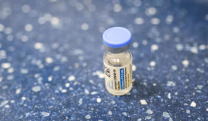 A vial with the Johnson & Johnson one-dose COVID-19 vaccine is seen at the Vaxmobile, at the Uniondale Hempstead Senior Center, Wednesday, March 31, 2021, in Uniondale, N.Y. (AP Photo/Mary Altaffer)