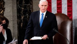 Vice President Mike Pence, confirming the Electoral College votes in the U.S. Capitol on Jan 6. (Erin Schaff/The New York Times via AP, Pool)
