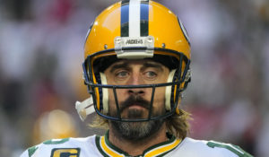 Green Bay Packers quarterback Aaron Rodgers prior to an NFL football game against the Arizona Cardinals, Thursday, Oct. 28, 2021, in Glendale, Ariz. (AP Photo/Rick Scuteri)