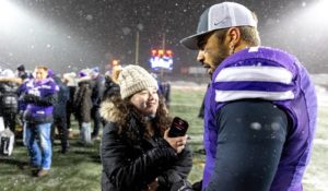 Sarah Wallace interviews Western University football player Deionte Knight after Western’s Vanier Cup victory, Dec. 4, 2021.  (Liam J. Afonso / Western Gazette)