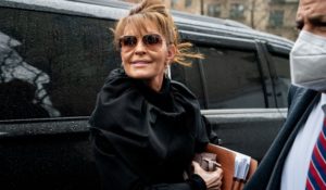 Former Alaska Gov. Sarah Palin arrives at Federal court last week for her libel trial against The New York Times. (AP Photo/John Minchillo)