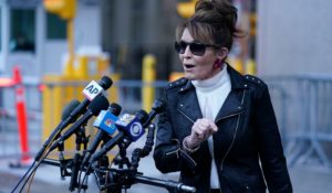 Former Alaska Gov. Sarah Palin as she leaves a courthouse in New York on Monday. (AP Photo/Seth Wenig)