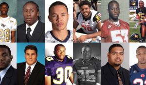 Twelve of the 22 Division I college football players who have died from overexertion since 2000. (Photo collage courtesy of the UMD Howard Center for Investigative Journalism)