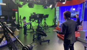 Students at USC work on a live broadcast at the Annenberg Media Center in February 2022. (Photo by Barbara Allen)