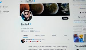 The Twitter page of Elon Musk as of Monday. (AP Photo/Eric Risberg)