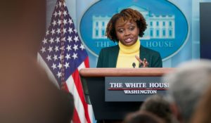Karine Jean-Pierre speaks during a press briefing at the White House in February. (AP Photo/Patrick Semansky, File)