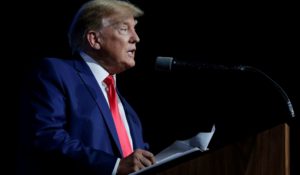 Former President Donald Trump, speaking at the National Rifle Association Annual Meeting in Houston last week. (AP Photo/Michael Wyke)