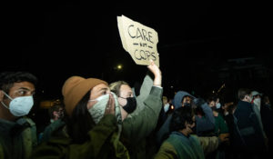 Students and activists protest the Department of Public Safety and call for the organization’s abolishment at the “Care Not Cops” rally in December 2021. (Yannick Peterhans / Annenberg Media)
