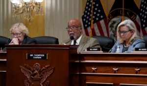 Chairman Bennie Thompson, D-Miss., center, flanked by Rep. Zoe Lofgren, D-Calif., left, and Vice Chair Liz Cheney, R-Wyo., makes a statement as the House committee investigating the Jan. 6 attack on the U.S. Capitol pushes in March. (AP Photo/J. Scott Applewhite)