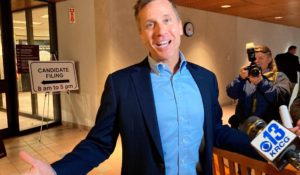 Former Missouri governor and current senatorial candidate Eric Greitens gestures while speaking to reporters in February. (AP Photo/David A. Lieb File)