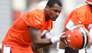 Cleveland Browns quarterback Deshaun Watson, at Browns training camp on Monday. (AP Photo/Nick Cammett)