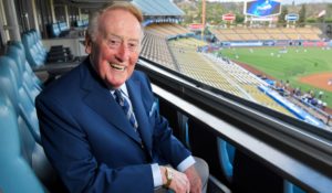 Vin Scully prior to a game at Dodger Stadium in Los Angeles in 2016. (AP Photo/Mark J. Terrill)