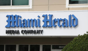 The Miami Herald newspaper office building is shown, Thursday, Feb. 13, 2020, in Doral, Fla. The Herald moved out of the Doral office later in 2020. (AP Photo/Wilfredo Lee)