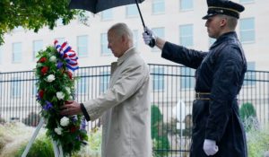 President Joe Biden participates in a wreath-laying ceremony while visiting the Pentagon in Washington on Sunday to honor and remember the victims of the Sept. 11, 2001, terror attack. (AP Photo/Susan Walsh)
