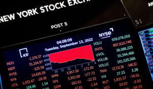 Statistics are displayed on a screen at the New York Stock Exchange on Tuesday, Sept. 13, 2022. The stock market fell the most since June 2020, with the Dow loosing more than 1,250 points. (AP Photo/Julia Nikhinson)