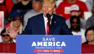 Former President Donald Trump speaking at a rally in Ohio on Saturday. (AP Photo/Tom E. Puskar)