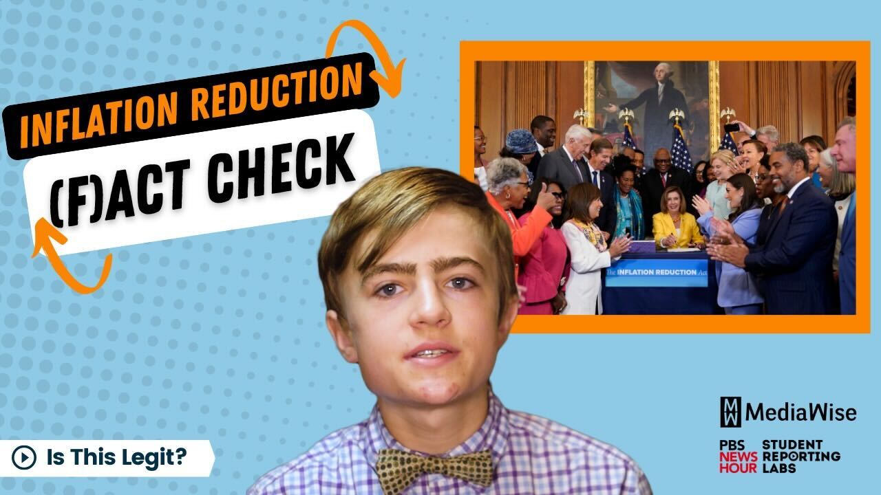 MediaWise Teen Fact-Checker Isaac Harte, wearing a plaid shirt and bowtie, next to image of lawmakers signing Inflation reduction Act.