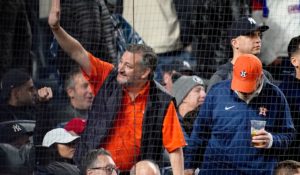 Texas Sen. Ted Cruz attends Sunday’s playoff baseball game between the Houston Astros and New York Yankees in New York. (AP/John Minchillo)