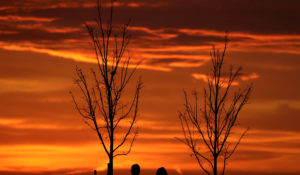 A couple watch the sun set on the last day of standard time March 7, 2020, in Kansas City, Missouri.(AP Photo/Charlie Riedel)