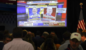 People watch as election results come in during an election night campaign event for Senate candidate Mehmet Oz in Newtown, Pennsylvania, on Tuesday. (AP Photo/Matt Rourke)