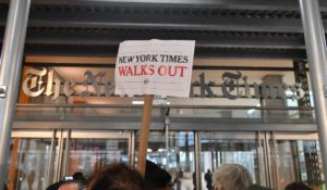 Reporters and editors at The New York Times hold a one-day strike outside the New York Times building on Thursday in New York. (Photo by: NDZ/STAR MAX/IPx)