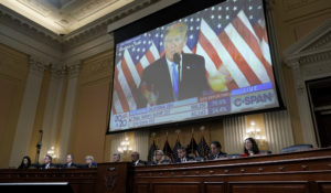 A video of then-President Donald Trump is shown during an Oct. 13 hearing by the House select committee investigating the Jan. 6 attack on the U.S. Capitol. (AP Photo/J. Scott Applewhite)