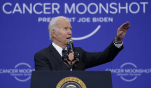 President Joe Biden speaks on the cancer moonshot initiative at the John F. Kennedy Library and Museum, Monday, Sept. 12, 2022, in Boston. (AP Photo/Evan Vucci)