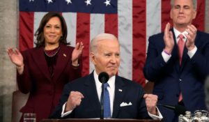 President Joe Biden delivering the State of the Union address as Vice President Kamala Harris and House Speaker Kevin McCarthy of Calif., applaud. (Jacquelyn Martin, Pool)