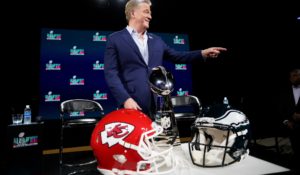 NFL Commissioner Roger Goodell poses for a photo ahead of Sunday's Super Bowl between the Kansas City Chiefs and Philadelphia Eagles. (AP Photo/Mike Stewart)