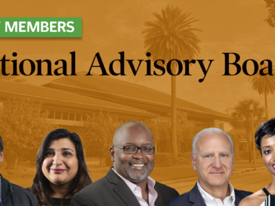 Text over colorized picture of the Poynter building says New Members National Advisory Board. Headshots of the new members are collaged at the bottom.