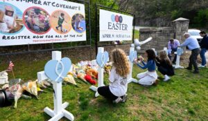 The scene outside the Covenant School in Nashville on Tuesday, a day after a shooter killed six people, including three children. (AP Photo/John Amis)