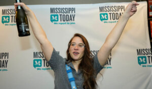 Mississippi Today reporter Anna Wolfe celebrates winning the 2023 Pulitzer Prize for Local Reporting. (AP Photo/Rogelio V. Solis)