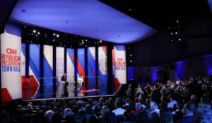 Former President Donald Trump appears onstage with CNN’s Kaitlan Collin during Wednesday night’s town hall. (Courtesy of CNN)