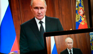 Russian President Vladimir Putin is seen on monitors as he addresses the nation after Yevgeny Prigozhin, the owner of the Wagner Group military company, called for armed rebellion. (Pavel Bednyakov, Sputnik, Kremlin Pool Photo via AP, File)