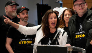 SAG-AFTRA president Fran Drescher speaks during a press conference announcing a strike by The Screen Actors Guild-American Federation of Television and Radio Artists on Thursday. (AP Photo/Chris Pizzello)