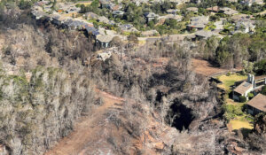 This photo provided by the Hawaii Department of Land and Natural Resources shows burnt areas in the Kula community of the Upcountry region on the Maui island, Hawaii, Friday, Aug. 11, 2023, following a wildfire. (Hawaii Department of Land and Natural Resources via AP)