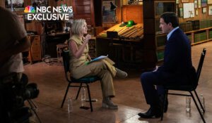 Republican presidential candidate and Florida Gov. Ron DeSantis, right, is interviewed by NBC News’ Dasha Burns. (Courtesy of NBC News)