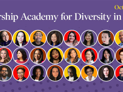 30 headshots of those who are selected for the academy, placed atop a purple background.