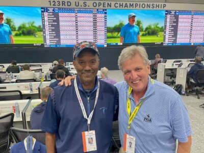 Lowe spent time with Times reporter Sam Farmer inside the USGA media center during the 2023 U.S. Open at the Los Angeles Country Club. (Courtesy: Herbert Lowe)