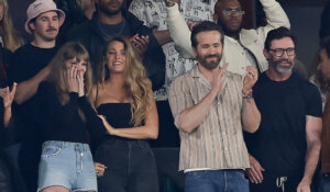 From left, Taylor Swift, Blake Lively, Ryan Reynolds and Hugh Jackman at Sunday night’s NFL football game between the New York Jets and the Kansas City Chiefs. (AP Photo/Adam Hunger)