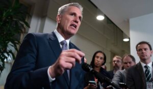 House Speaker Kevin McCarthy, meeting with reporters in Washington on Saturday. (AP Photo/J. Scott Applewhite)