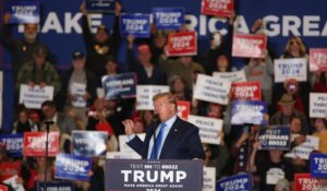 Former President Donald Trump speaking in New Hampshire on Veterans Day. (AP Photo/Reba Saldanha)